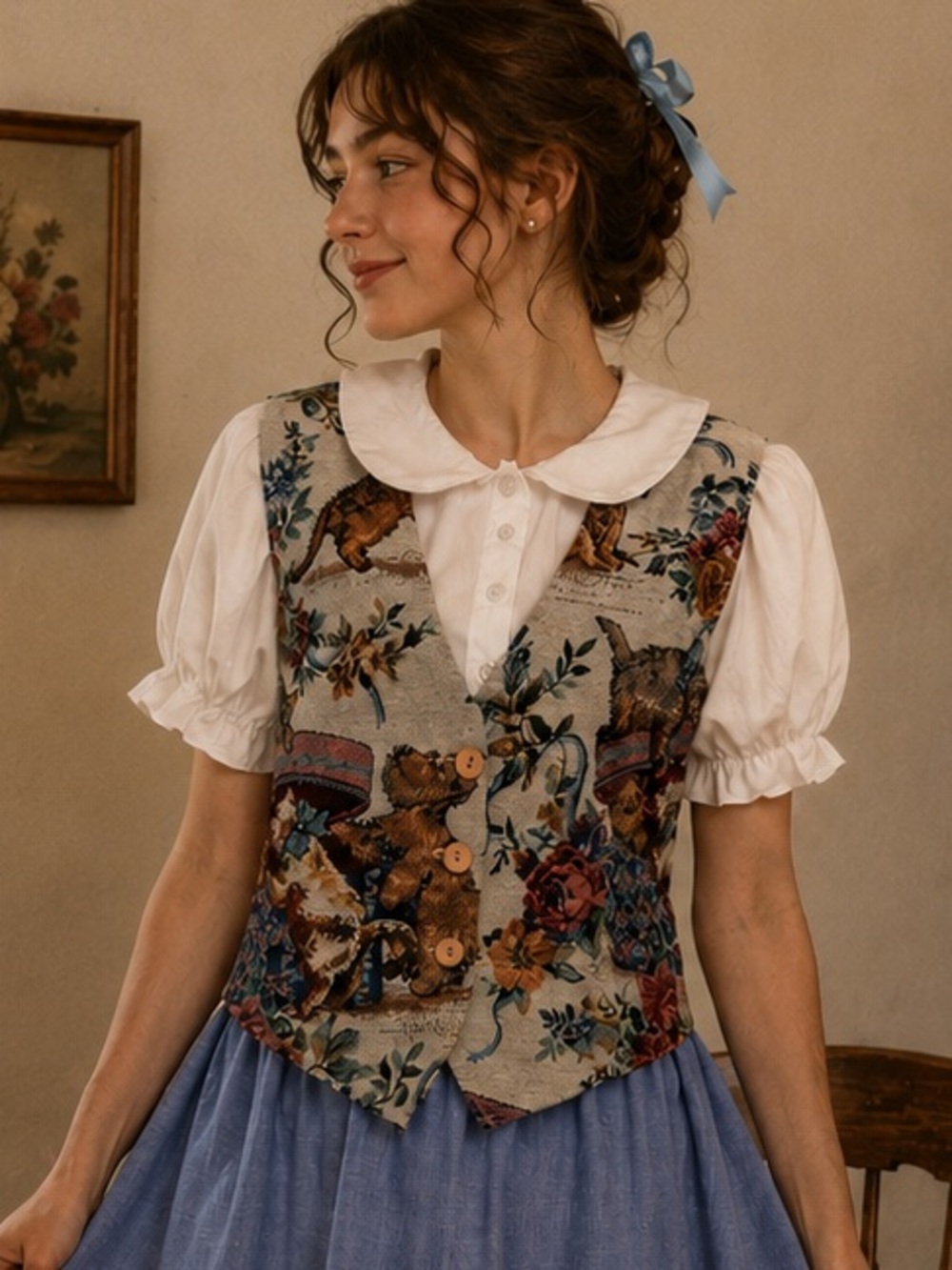 Vintage Facets Tapestry Button Vest in Cream and Multicolor Kittens and Puppies!